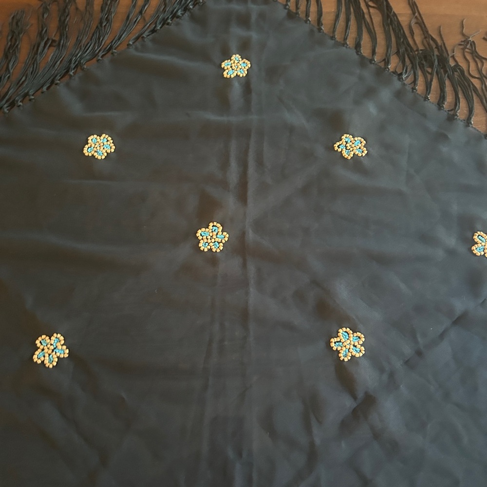 Cejon Black Scarf with Beaded Floral Accents triangular shaped w/fringes
